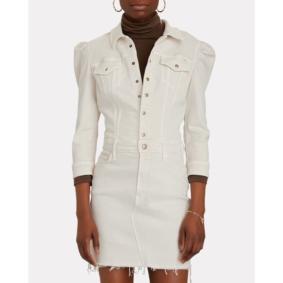 NWT MOTHER The‎ Puffy Bruiser Denim Mini Dress Ivory Size XS - Picture 1 of 11